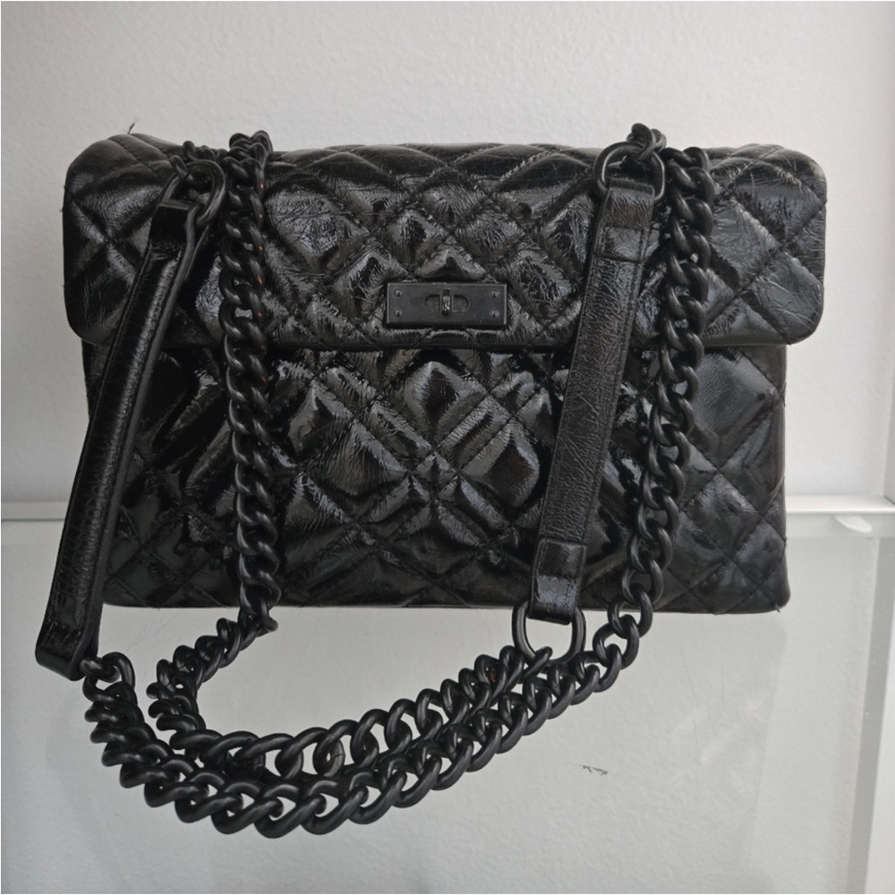 Kurt Geiger Black Quilted Patent Chain Shoulder Bag